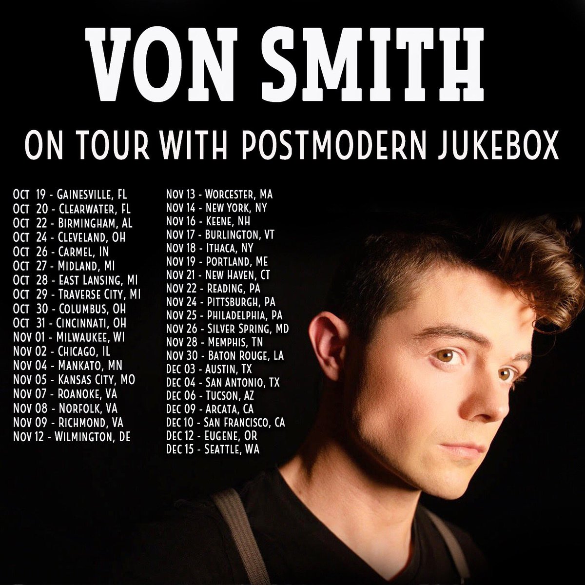 VonSmith's tweet photo. See you out there! #pmjtour #NorthAmerica #postmodernjukebox #pmj #VonSmith #Vonatron #vonsmithofficial https://t.co/l7gy5hleGc