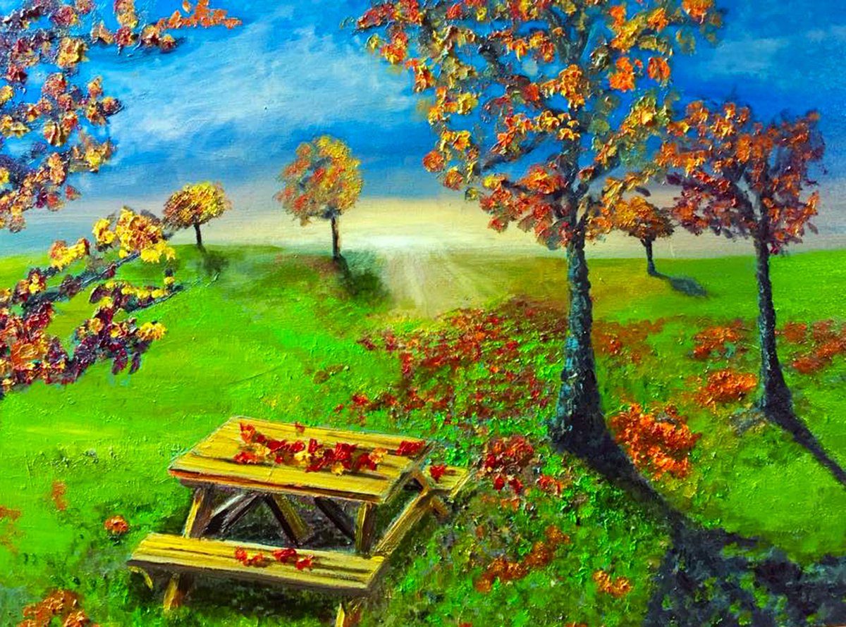 Dwolfdesigns's tweet photo. #picnic #fall #foliage #park #oilpainting #artforsale #dwolfdesigns #fallcolors #leaves #trees #deblwolf https://t.co/0Oly4er3H1