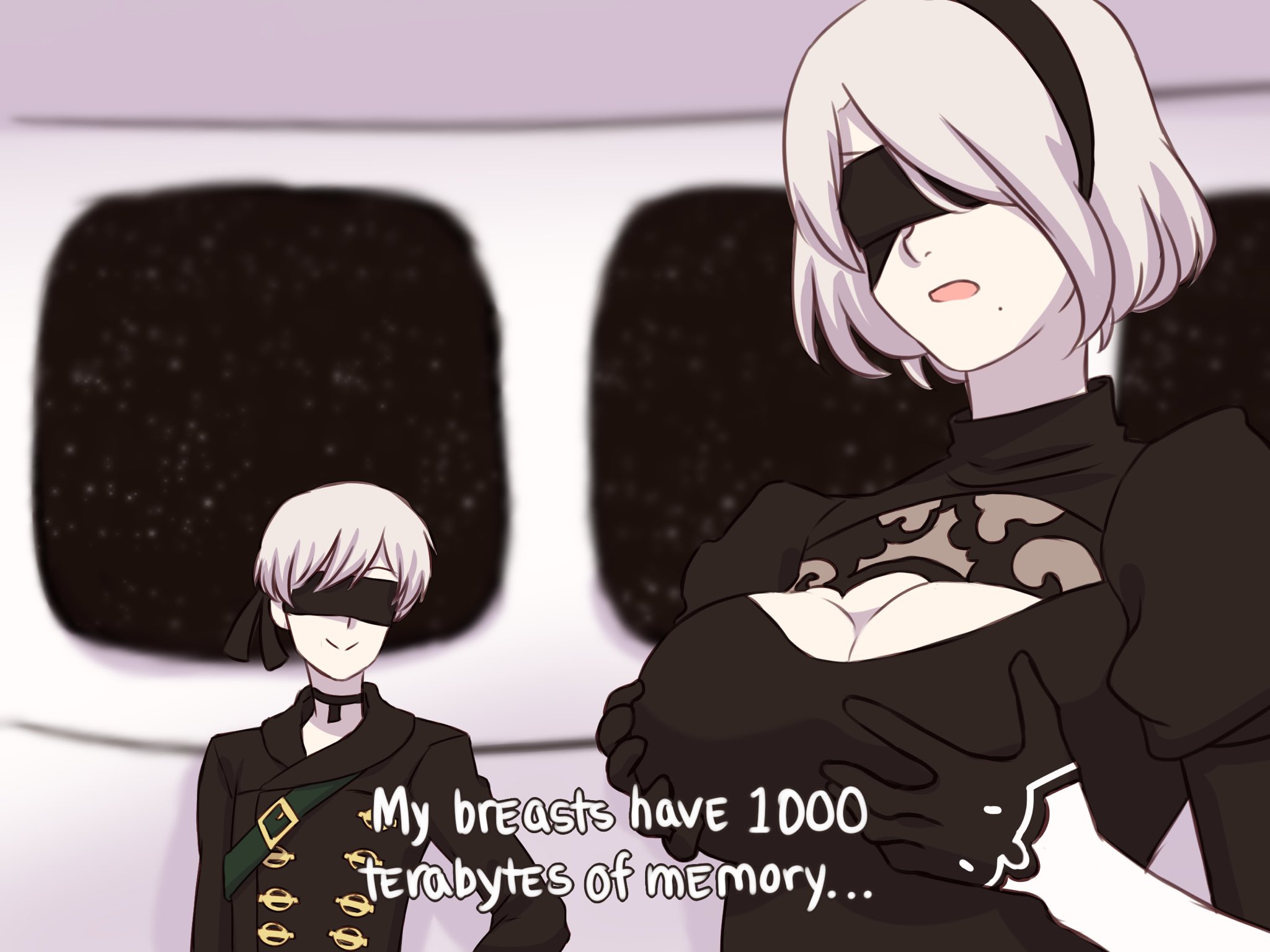 9S stores ancient dog memes in 2B’s boobs. 