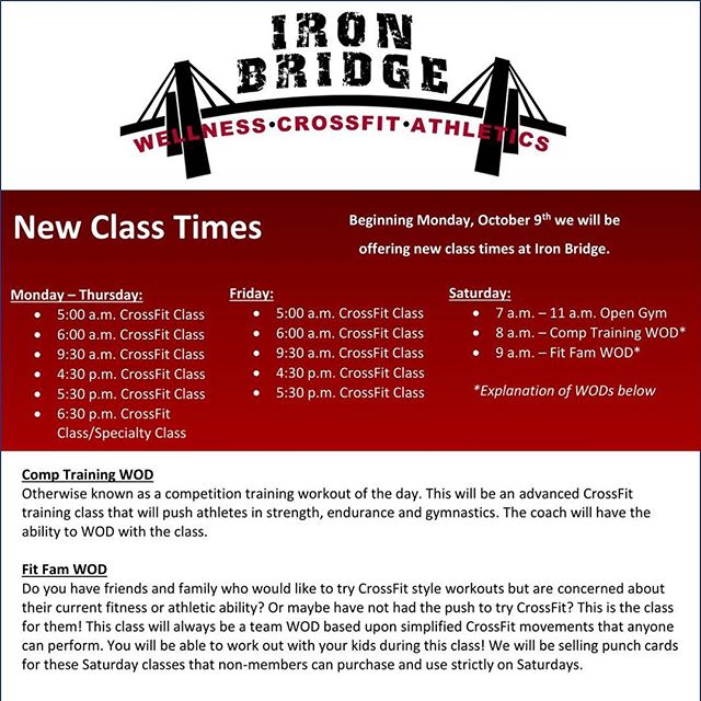 IronBridgeCF's tweet image. We’re jumping into Fall with new times and classes! Beginning tomorrow, October 9th we will be offering the above classes - including a Fit