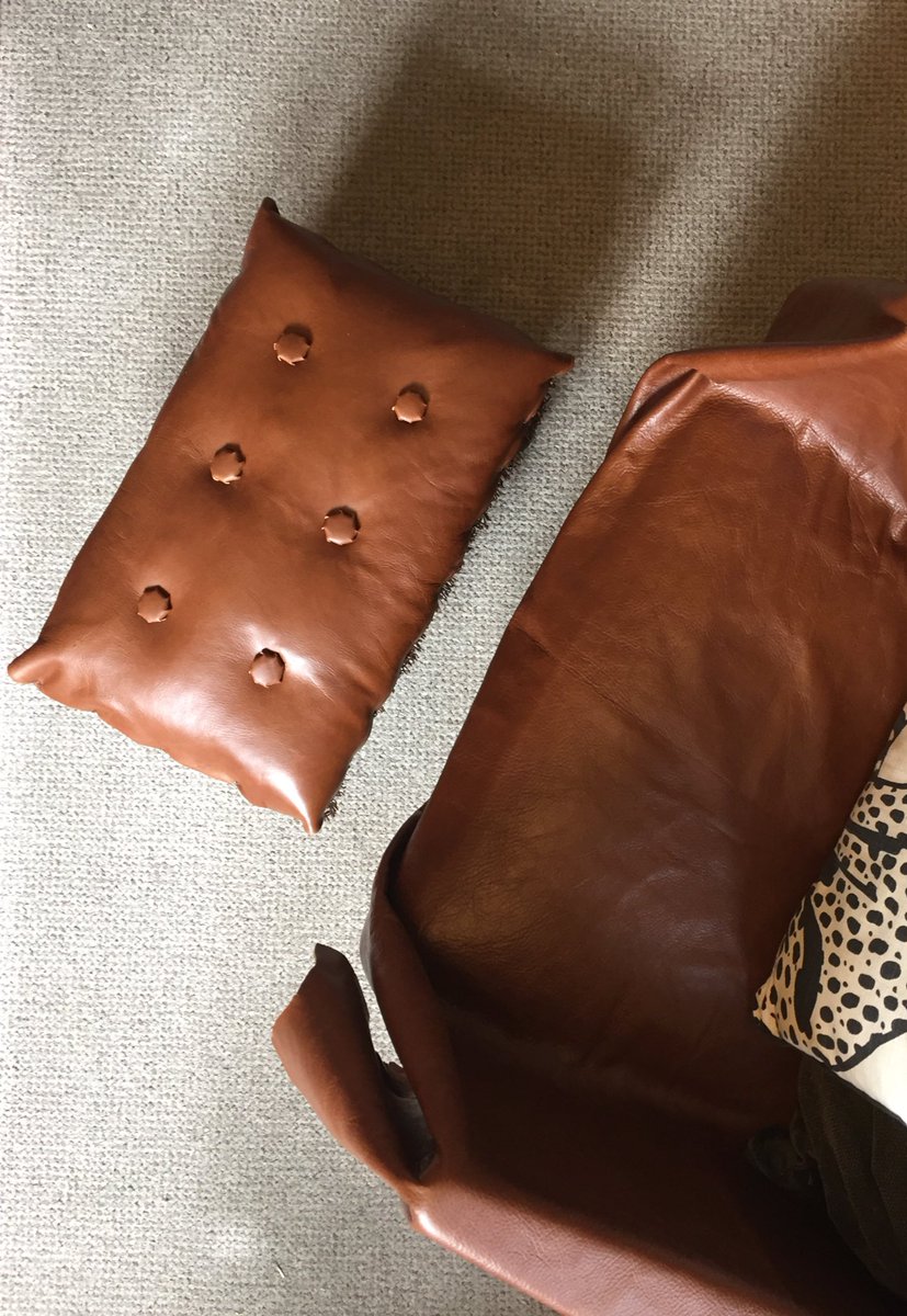 enseabe's tweet image. Weekend #upholstering (project two): first steps of an armchair and finished foot stool using unwanted damaged leather off-cuts.