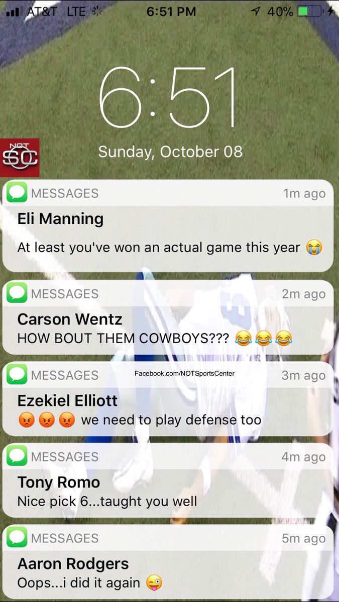 NOTSportsCenter's tweet photo. Dak Prescott’s phone has been blowing up since Aaron Rodgers led the Packers to a comeback victory in #GBvsDAL: https://t.co/8JnYrx9Hdv