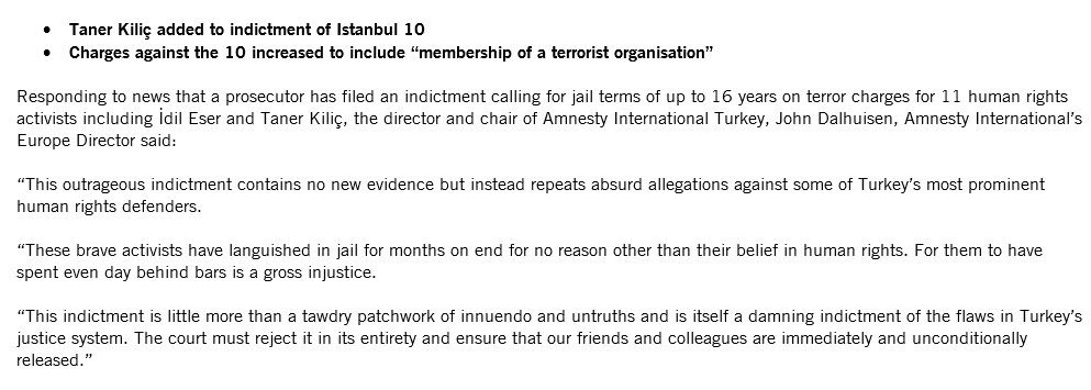 andrewegardner's tweet photo. Prosecutor increases charge to “membership of terror org”, adds Taner Kılıç to case against #Istanbul10 . Court should reject this rubbish. https://t.co/4MhSm4NEG8