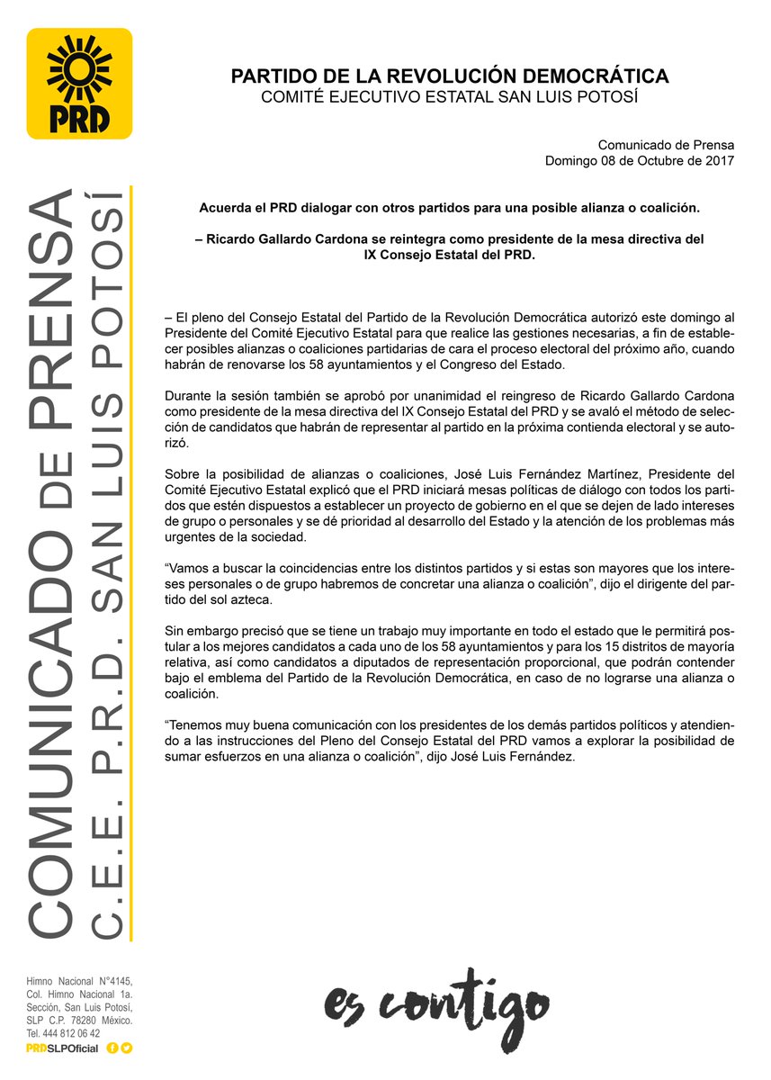 Comunicado de Prensa | Acuerda el <a href="/PRDSLPOficial/">PRD San Luis Potosí</a> dialogar con otros partidos para una posible alianza o coalición. #PRD #SLP #EsContigo