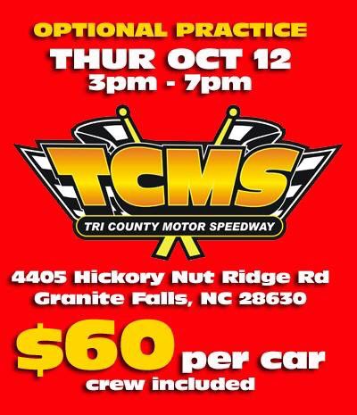 For those racing with us Friday at Tri County Motor Speedway that want some extra practice here's some info for you w/ an optional practice