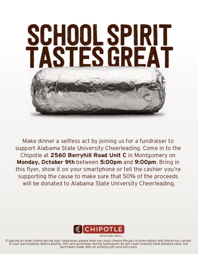 afDenise__'s tweet photo. SHOW SUPPORT AND FILL YOUR CRAVING AT THE SAME TIME! Show the flyer at Chipotle tomorrow in Eastchase 5pm-9pm. 🐝 #myasu https://t.co/TTdYfntBnp
