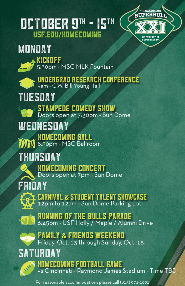 Here is the schedule for USF Homecoming 2017 Bulls! Save it and come out and enjoy the free music, food, and giveaways THIS WEEK! #GoBulls
