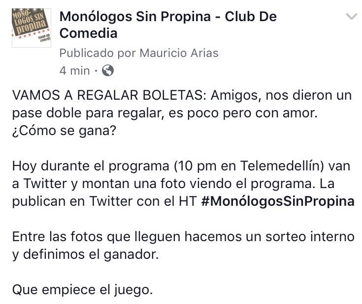 monosinpropina's tweet photo. VAMOS A REGALAR BOLETAS. Por favor miren las condiciones del concurso. #MonologosSinPropina https://t.co/NFDcx7AZu7
