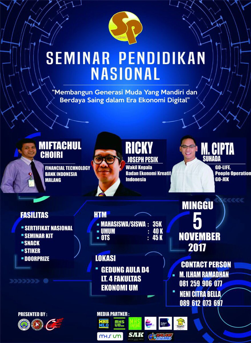HMJ Ekonomi pembangunan FE UM proudly presents 
“Seminar pendidikan nasional 2017” dengan pemateri yg luar biasa 

 📆 5 November 2017