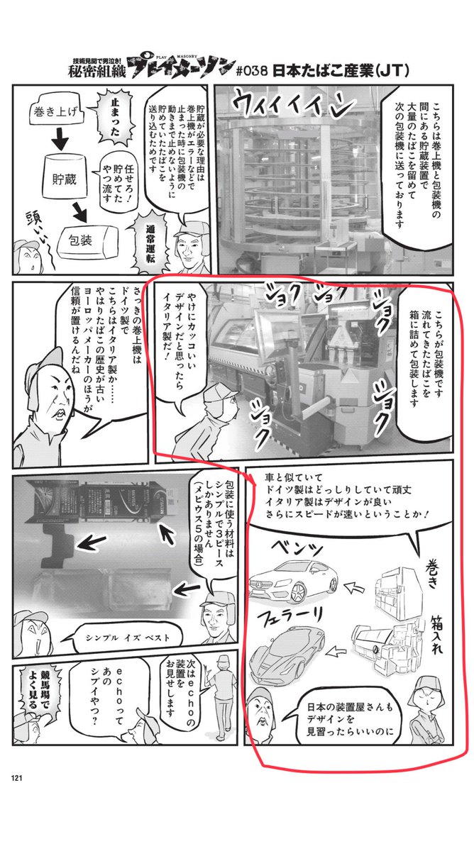 日本たばこ産業さんの工場のマシンは
ドイツ製とイタリア製。デザインがカッコよくて、とてつもなく速い。
巻き工程では1分間に1万本作る!

#週刊プレイボーイ 