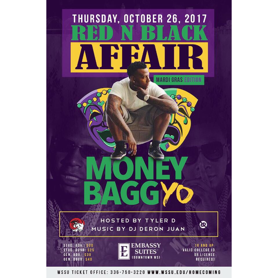 WSSU__CLMC's tweet photo. Thursday Oct 26th // Red N Black Affair:The Mardi Gras Edition-Embassy Suites Pavillion starting at (ft @MoneyBaggYo hosted by
Tyler D) https://t.co/hHLQWVHAS1