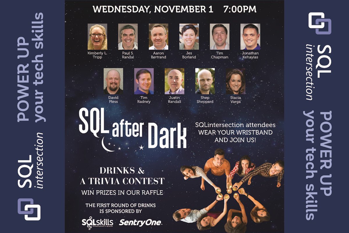 KimberlyLTripp's tweet image. Excited4 #SQLafterDark evening @ #SQLintersection. Drinks + #SQLfamily + #SQLServer & #SQL trivia = #AwesomeEve!
SQLintersection.com