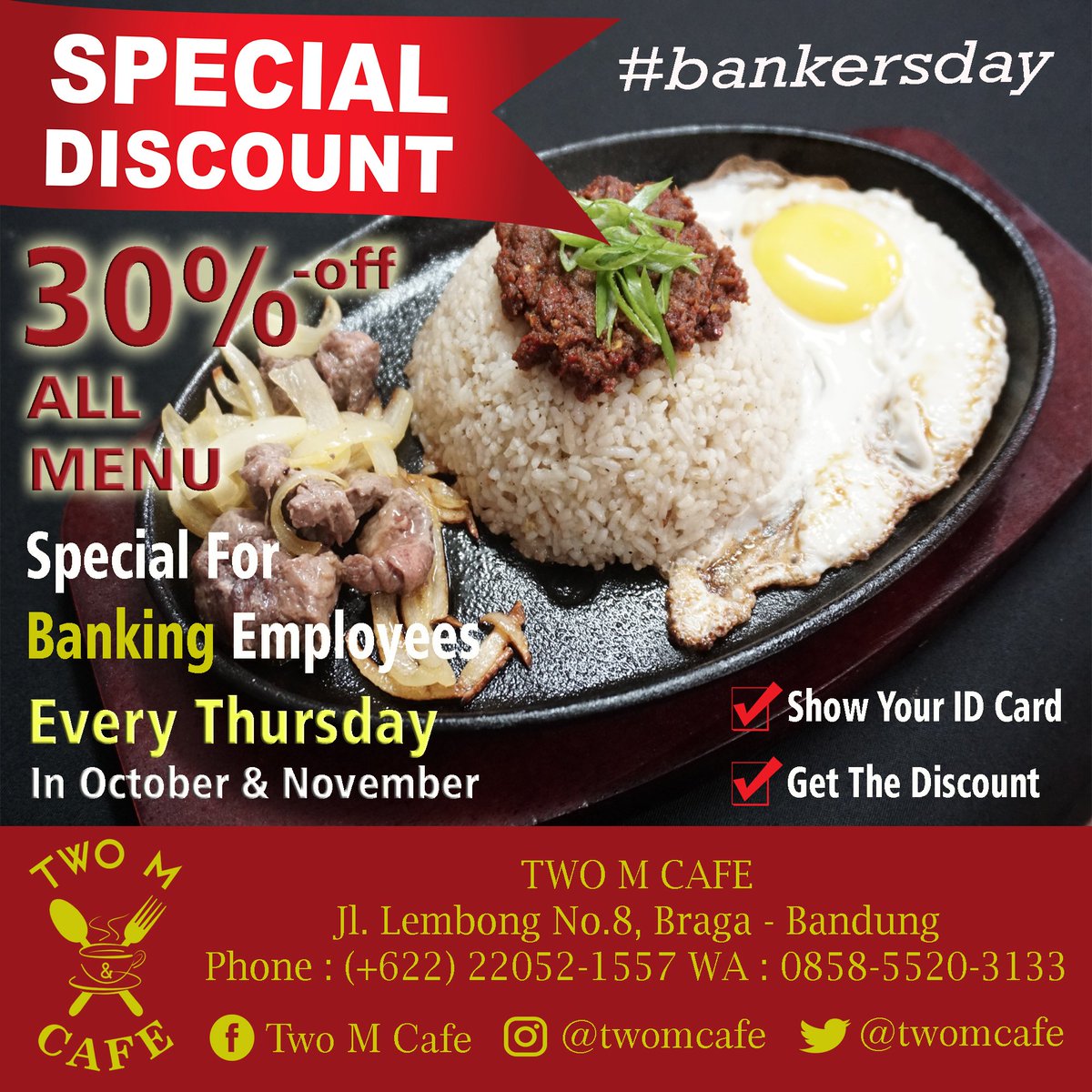 twomcafe's tweet photo. @coffeejunko #discount #special #untuk Pegawai Perbankan !!! 30% (all menu)
Two M Cafe Jl. Lembong No. 8, Braga - Bandung 
#BANKERSDAY https://t.co/Uk61MP0FJm