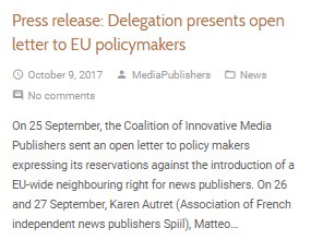 EIMPublishers's tweet image. We visited BXL and shared concerns around art. 11 &amp;amp; #neighbouringright - read our #pressrelease here bit.ly/2y9SHy4