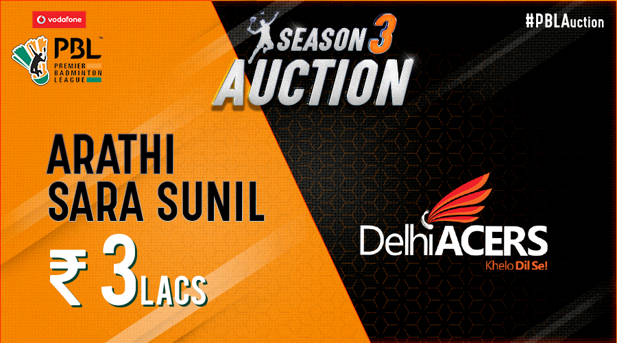 PBLIndiaLive's tweet photo. Young doubles ace Arathi Sara Sunil will make her PBL debut by representing Delhi Acers. Watch out for this exciting talent! #PBLAuction https://t.co/RF395Se4ql