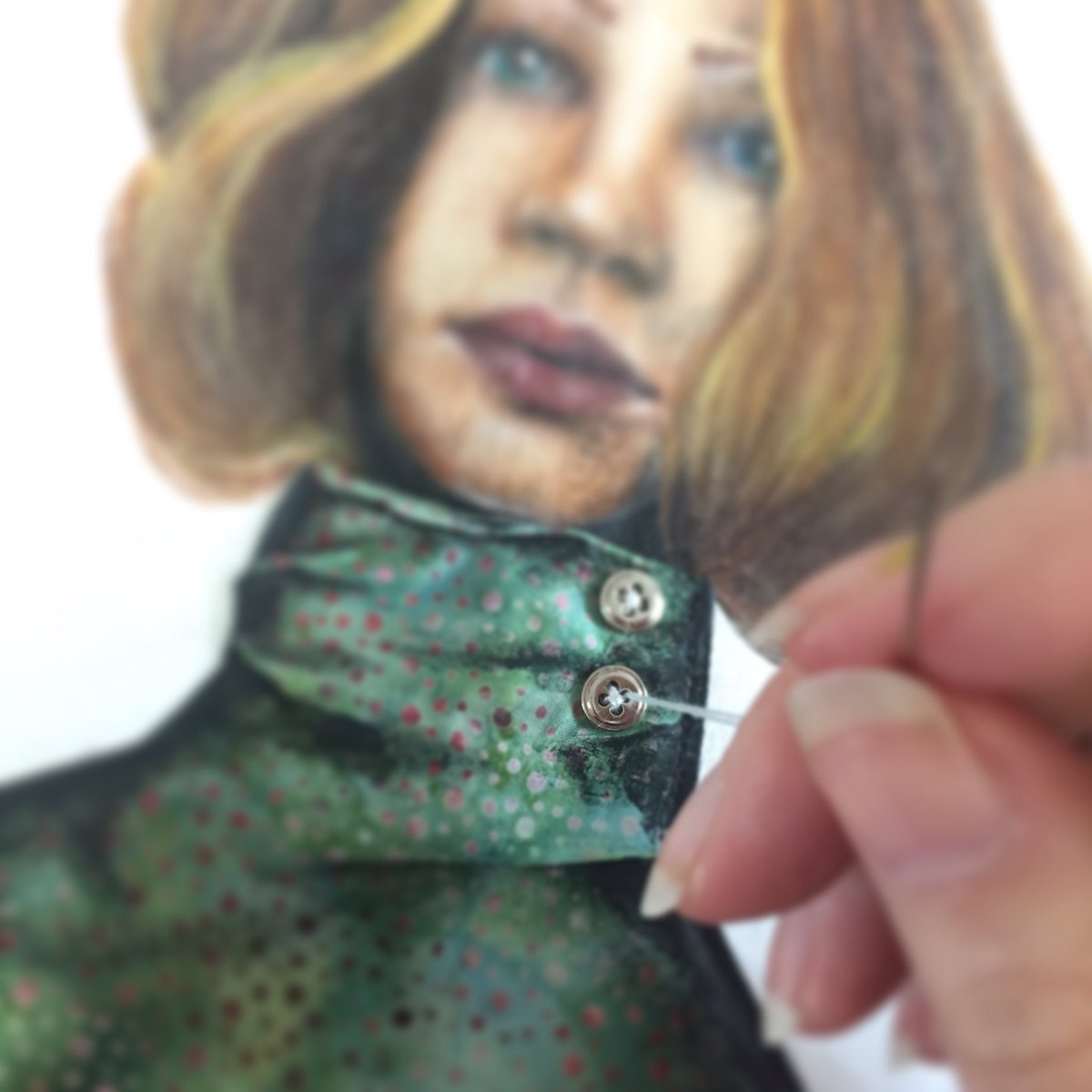 She needs buttons #portrait #mixedmedia #fabric #paint