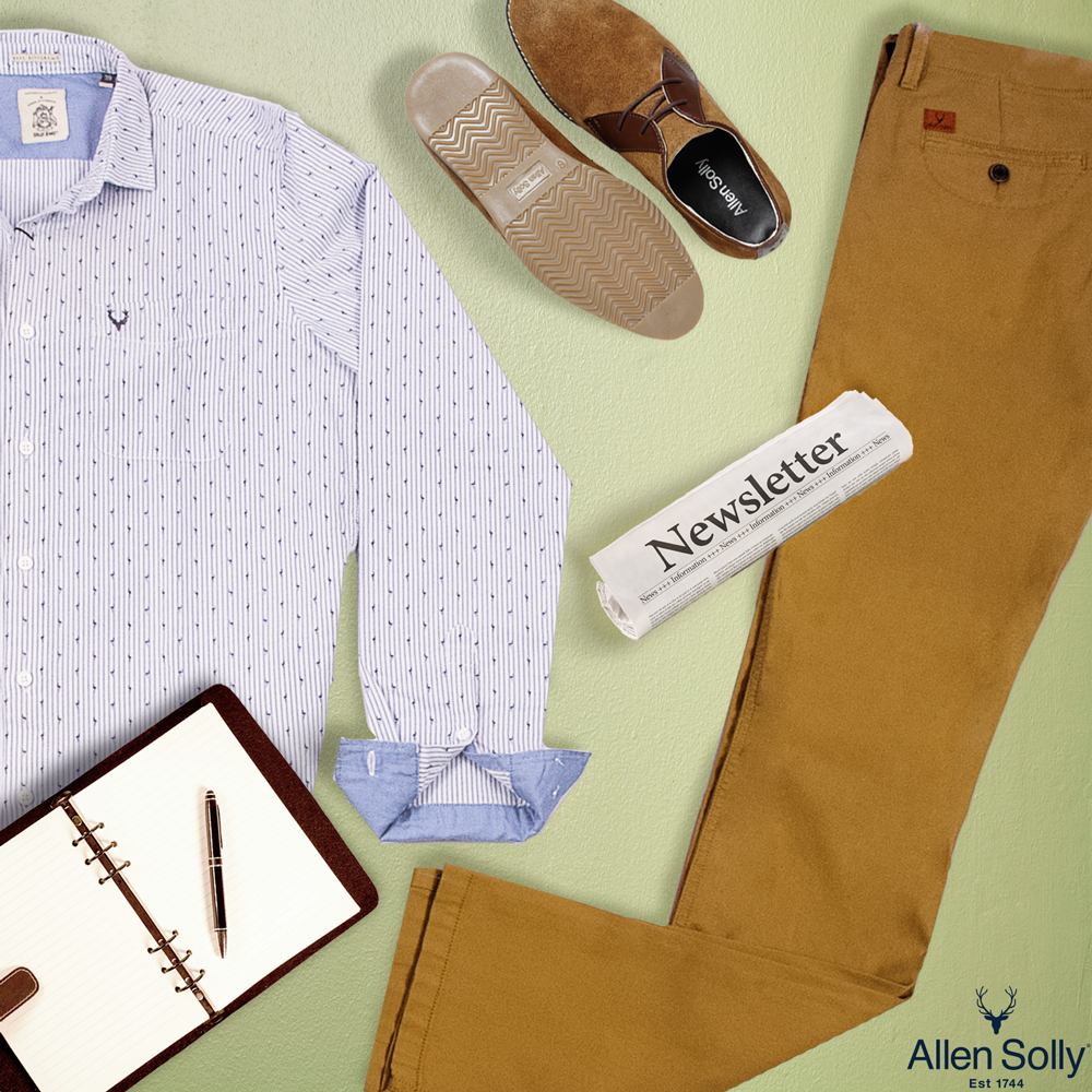 allensolly's tweet photo. A #microprinted shirt paired with #comfychinos and formal tan lace ups will guarantee you extra style creds at work. https://t.co/dkmLBpvwED https://t.co/FLnVLVCc7y