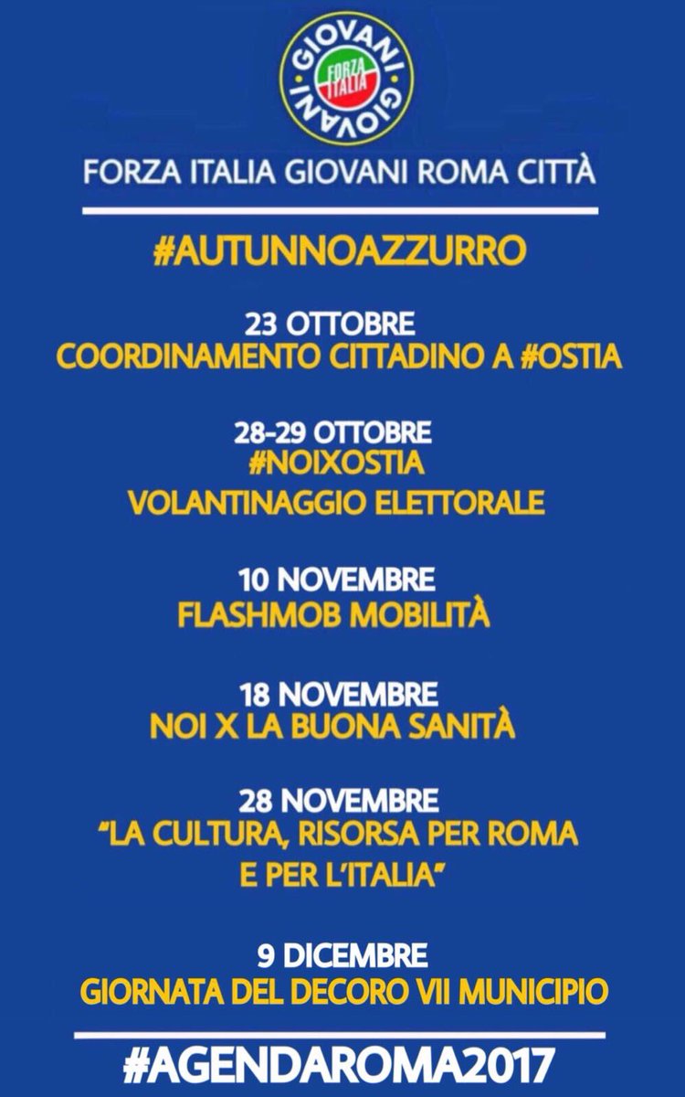 figiovanilazio's tweet photo. Ecco il nostro #CalendarioAutunnoAzzurro! 
Mix #Territorio - #Contenuti: #OstiaAlVoto•#Mobilita'•
#Sanita•#Cultura•#Decoro 
@AngieCalabria https://t.co/PXgtd4D2RE