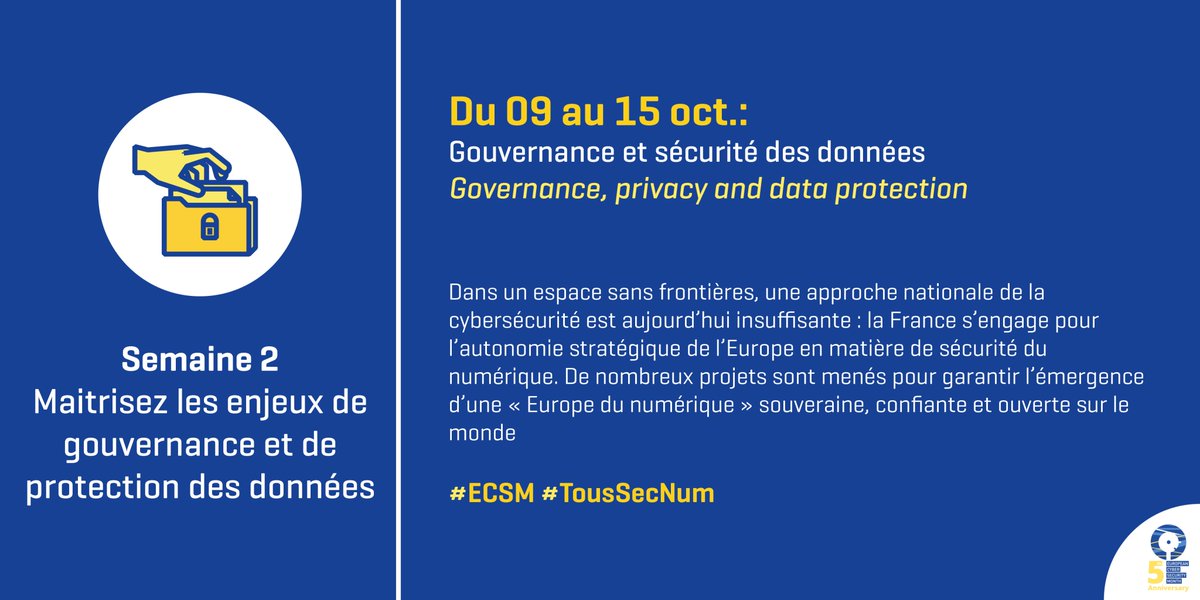 ANSSI_FR's tweet image. Mois de la #cybersécurité  - Une semaine consacrée à la gouvernance des données #TousSecNum #ECSM #CyberSecMonth
ssi.gouv.fr/agence/cyberse…