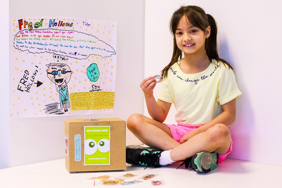 FredHollows's tweet photo. "2 songs" says 7yo Tehya on how long it takes to make a #friendship band. She raised $300 for us selling them at $1. #Amazing Tehya, thanks! https://t.co/Av22xWNSVe