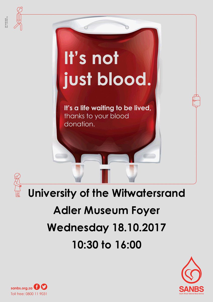 WitsHealthUG's tweet photo. Support the SANBS blood drive on 18 &amp; 19 October 10:30-16:00 in the Adler Museum foyer Medical school. @theSANBS @Wits_News @WitsUniversity https://t.co/FBpl67NOOl