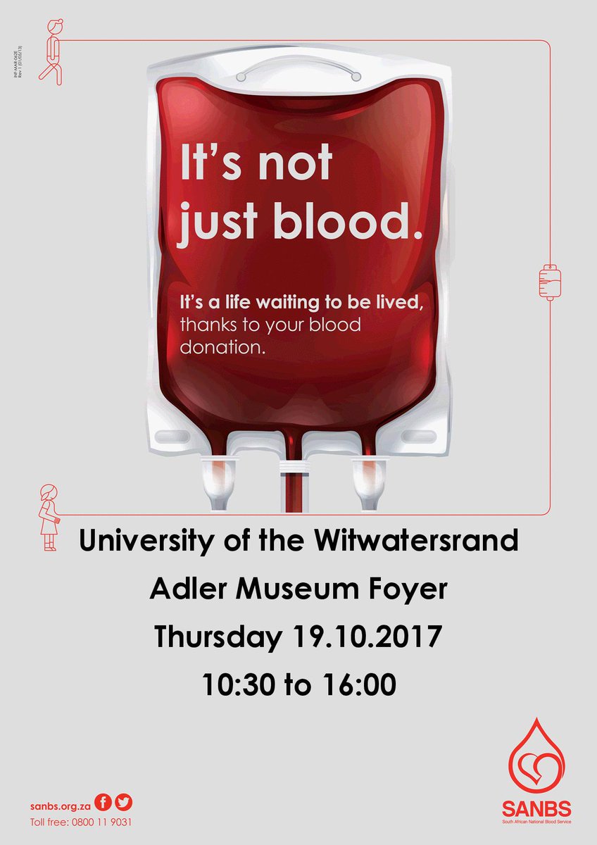 WitsHealthUG's tweet photo. Support the SANBS blood drive on 18 &amp; 19 October 10:30-16:00 in the Adler Museum foyer Medical school. @theSANBS @Wits_News @WitsUniversity https://t.co/FBpl67NOOl