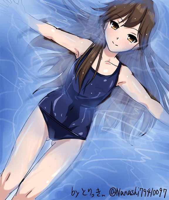 20分over 体育の日にちなんで、荒潮にスク水
水に浮いているイメージの荒潮

#艦これ版深夜の真剣お絵描き60分一本勝負 
#艦これ版真剣お絵描き60分一本勝負_20171009
#艦これ #荒潮 