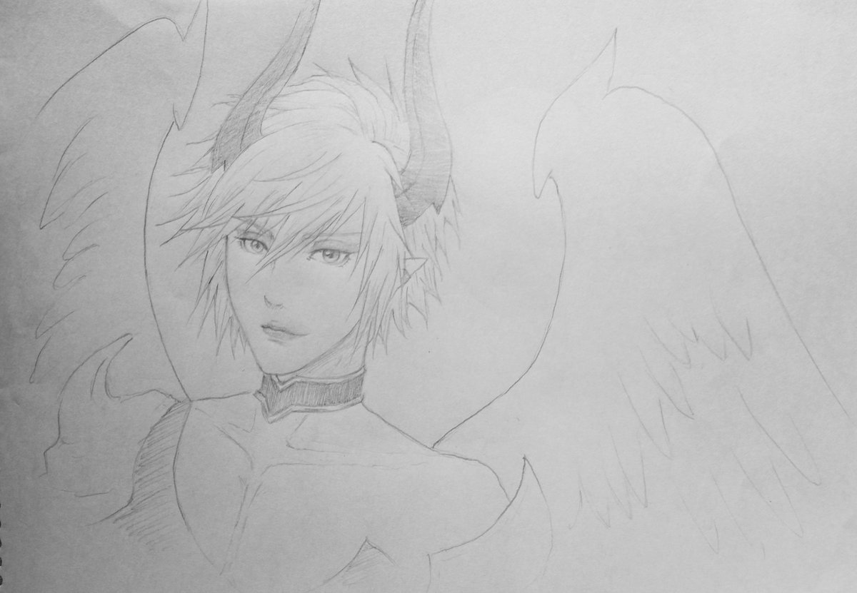 maimu_ru's tweet photo. 前のりした日に私もスケブにアザゼルとルシフェルのお絵かきしました。
お借りした鉛筆が8Bまで濃さのバリエーションがあって面白かったので調子に乗って夜中まで描いてました。
アナログで描く時は描く位置と大きさのバランスがとても難しいです…。 https://t.co/CFBRziOc32