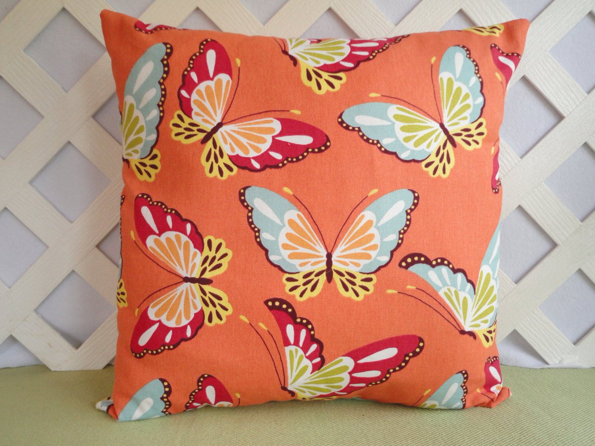 Butterflies Pillow Cover in Orange Yellow Blue Red and Green / Butte… tuppu.net/58e9741e #Etsy #ButterflyPillow