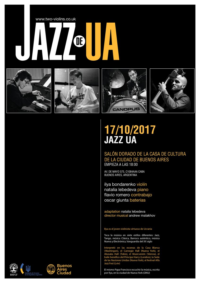 UKRinARG's tweet photo. #JazzUA llega a la #Argentina! ¡No te lo pierdas! Solo dos actuaciones del programa de canciones ucranianas en versiones para violín y trío de jazz! #TwoViolins
Detalles: https://t.co/TeMtUZq788 https://t.co/HKbYwxYiqp