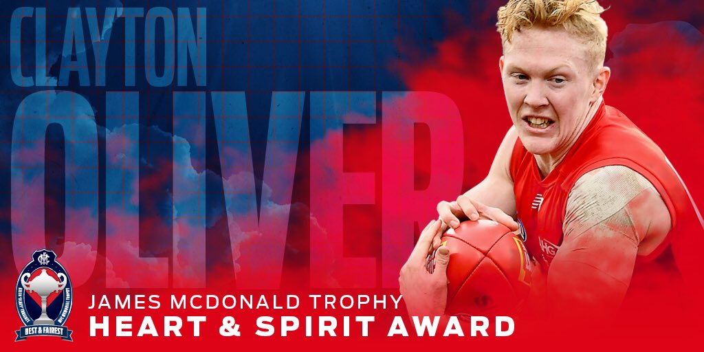 melbournefc's tweet photo. Clarry has ✌️

Winner of the James McDonald Heart and Spirit Award: Clayton Oliver 🏆

#Bluey17 https://t.co/Z0TkS8ht3z