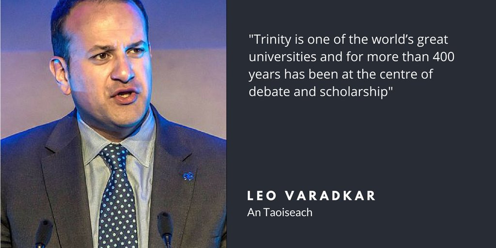 tcdglobal's tweet photo. "Trinity is one of the world’s great universities and for more than 400 years has been at the centre of debate and scholarship," says An Taoiseach Leo Varadkar #TrinityCollegeDublin #Studyabroad #Trinity425 https://t.co/nBXO8ZZlJh