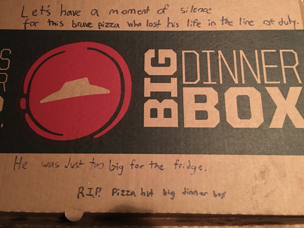 stanrodda's tweet photo. RIP #bigdinnerbox from @pizzahut. My 15 year old wrote this. Found it this morning. 😂 https://t.co/2yLSqrBjwb