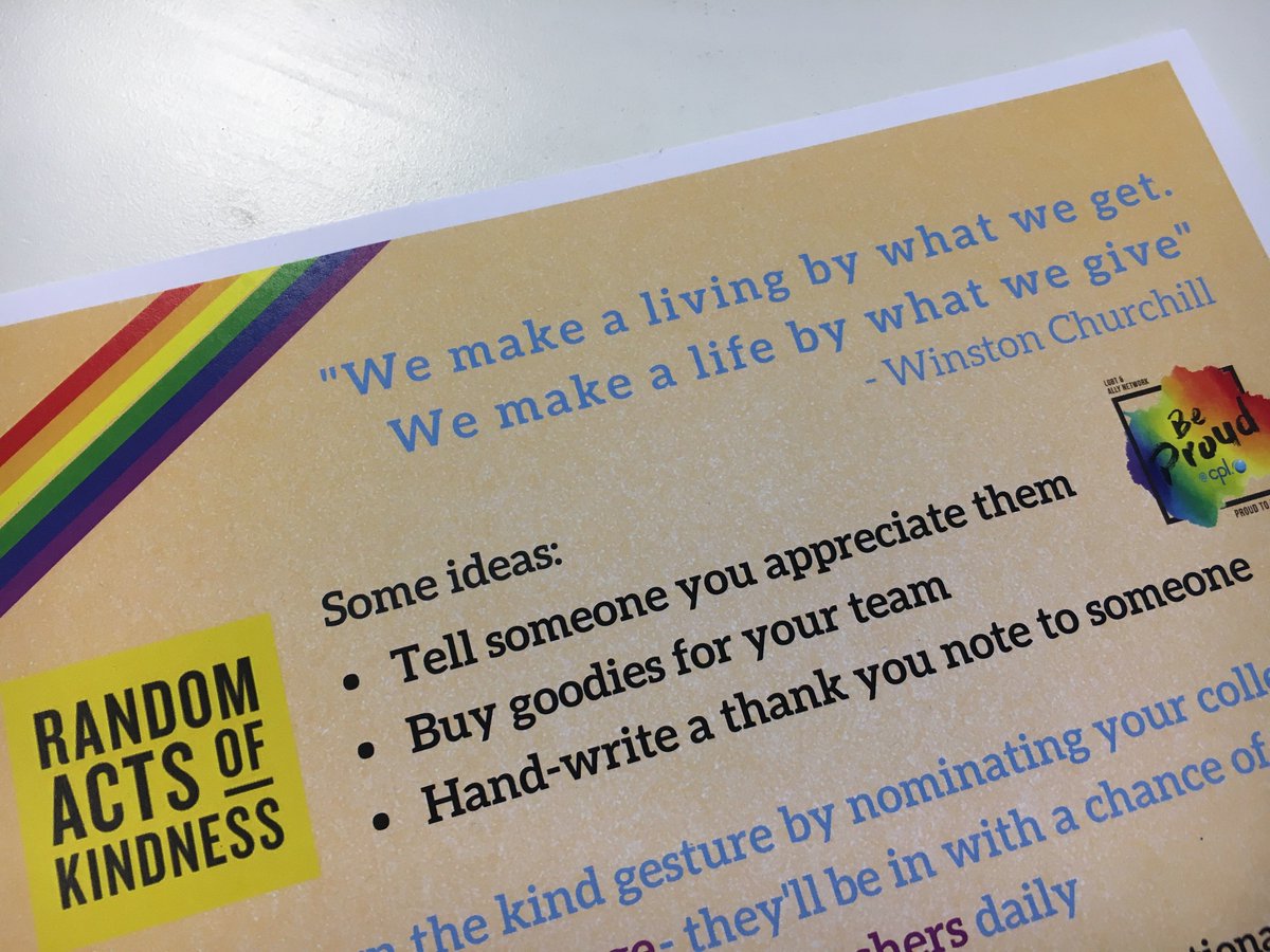 AshKells's tweet photo. @BeProudCpl and @CplJobs are hosting a Random Act of Kindness Week in aid of #NationalComingOutDay We're encouraging all of our staff to be kind to one another - here are some ideas we've shared :) #cplRAKweek #RandomActsOfKindness https://t.co/w8eEbjqzRe