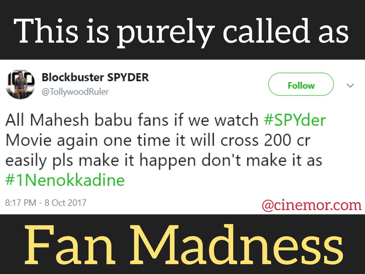 CinemorOfficial's tweet photo. As if #maheshbabu is going to donate them the profits. Or hug them personally. #SPYder #SPYderSensation #SPYderRunningSuccessfully https://t.co/oHdt2kMzCc