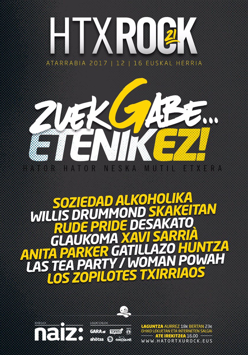 #HTX21 Zuek gabe, etenik ez! Hemen Hatortxu Rock elkartasun jaialdiaren 21. edizioak dakarren kartela. Denak etxera!
hatortxurock.eus/2017/10/09/htx…