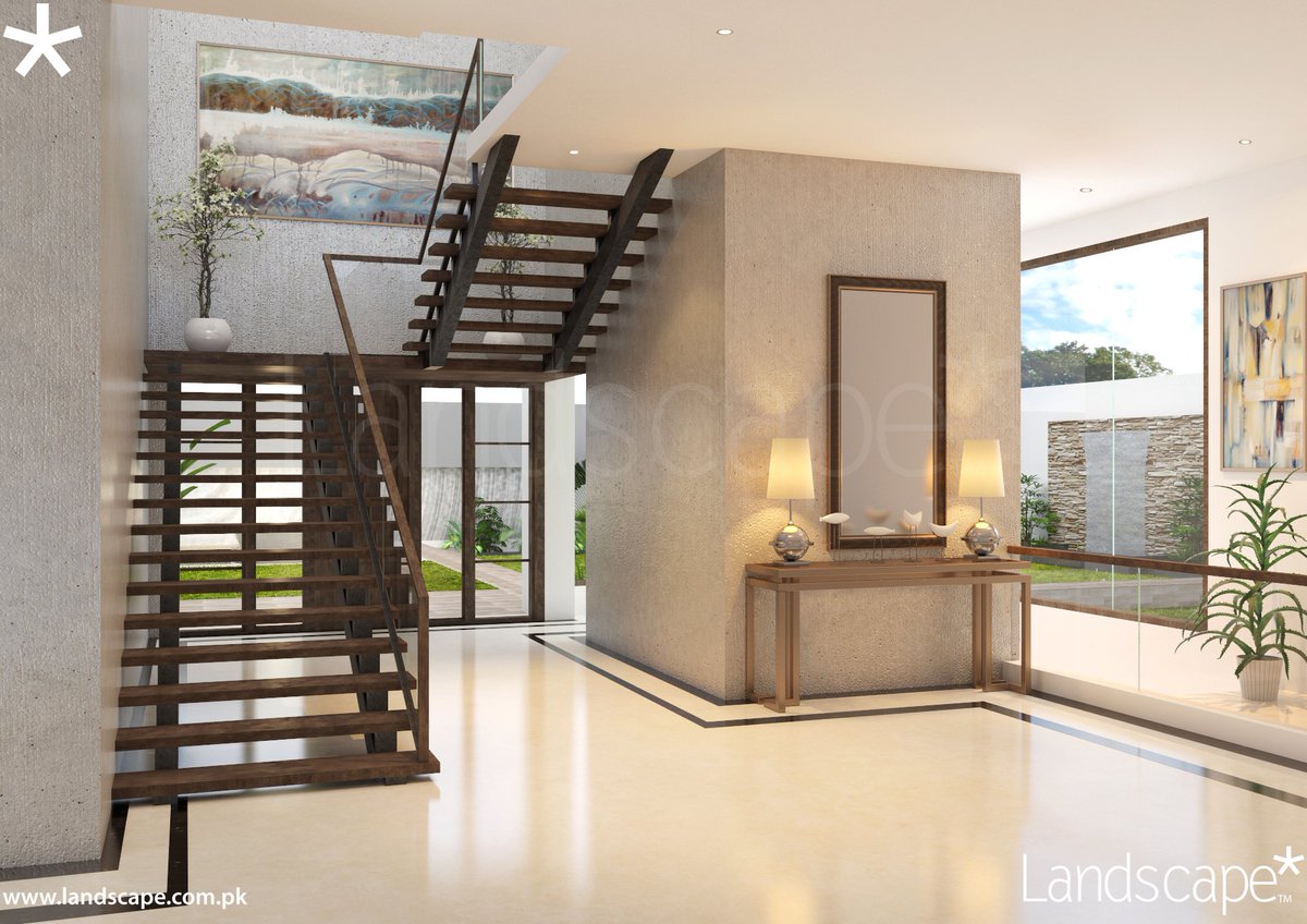 LandscapePLC's tweet photo. 3D view of a sophisticated residential foyer with textured walls and glass railing staircase.
#landscapeplc #interior #design #foyer https://t.co/hxpzzqP3T6