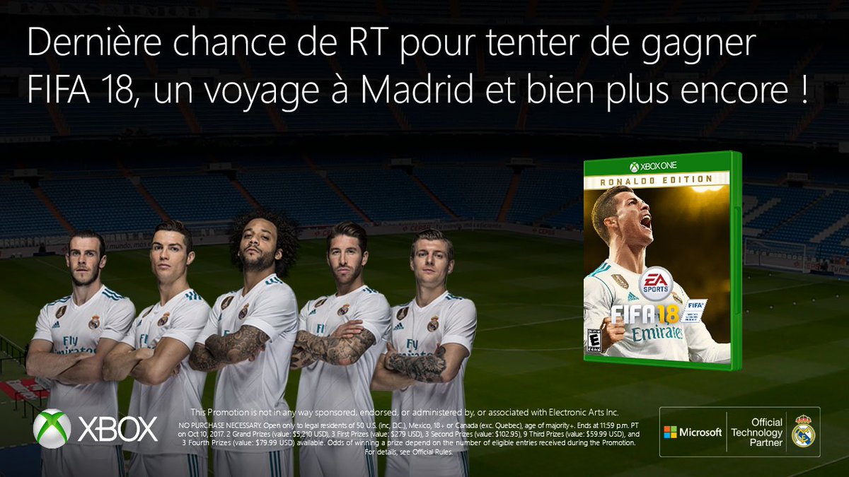 XboxFR's tweet photo. Dernière chance de RT pour tenter de gagner un voyage à Madrid &amp; #FIFA18 #XboxPromotion 
finit le 10/10/17
https://t.co/bkBwCcMNid https://t.co/TdaAPwchoY