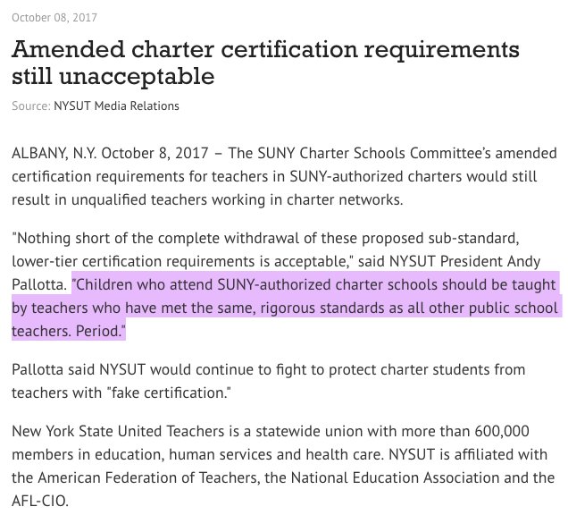 nysut's tweet photo. Amended teacher certification requirements for SUNY-authorized charter schools still unacceptable https://t.co/HRaHsjBJza #fakecertification https://t.co/BKCjD8ajhA