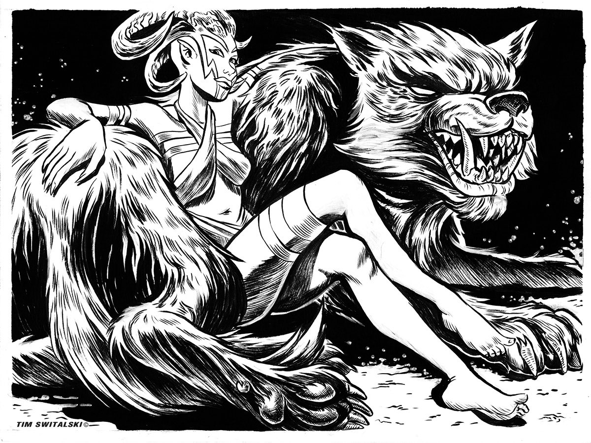 Tim_Switalski's tweet photo. Very relaxed demon lady and her pupper. 

#demon #girl #lady #chick #wolf #dog #illustration #art #ink #inktober2017 #hellhound #puppy https://t.co/HONjJ6VNjZ