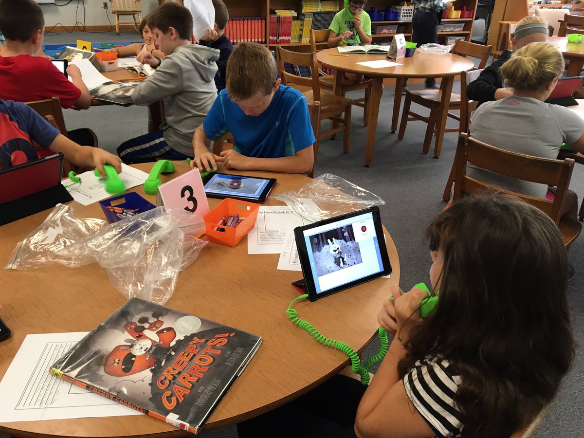 esauder28's tweet photo. 5th graders making Peter Brown book trailers for the littles! @JCMESJakes @rockingedutech @itspeterbrown #creepycarrots https://t.co/VpPrIFlmSN