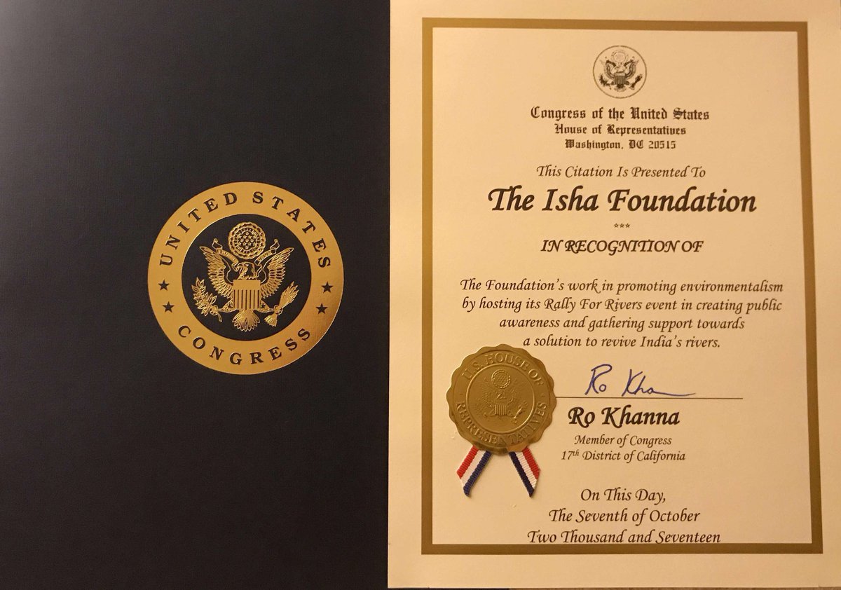 ishafoundation's tweet photo. .@congressdotgov presents a citation to Ishafoundation for #RallyForRivers. Truly honored. Thank you @RoKhanna for the tribute. @RepRoKhanna https://t.co/WY2Auwv3eD
