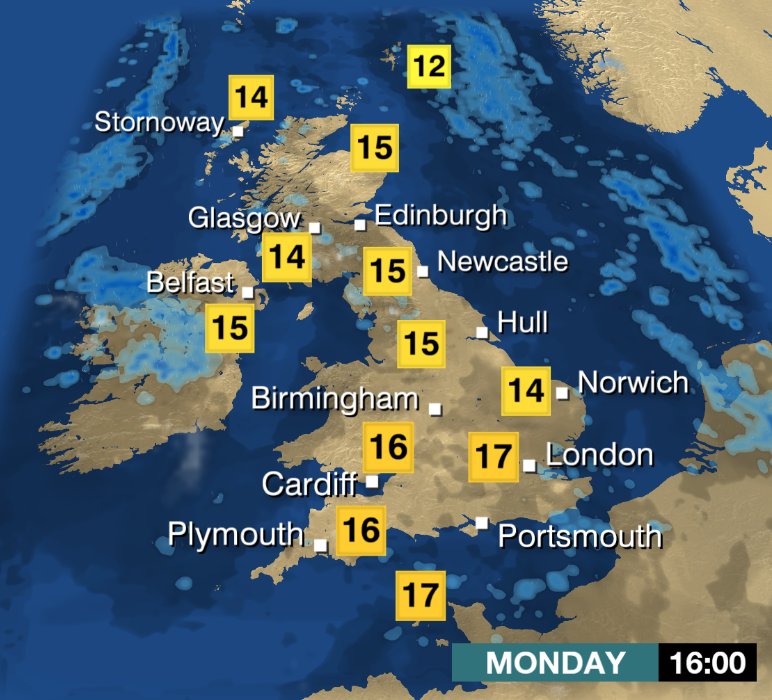 bbcweather's tweet photo. Looking brighter for some this afternoon. Here are the forecast temps. Jo https://t.co/pnDGDuQgnI