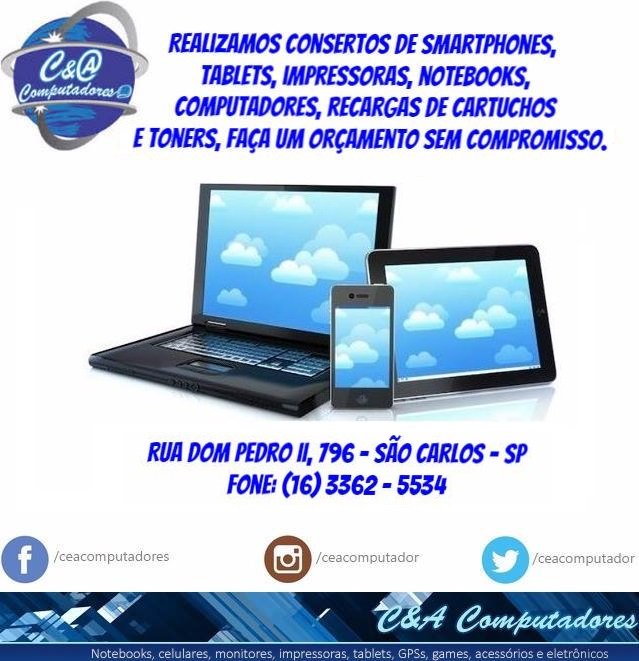 ceacomputador's tweet photo. Rua Dom Pedro II, 796
(16) 3362-5534 - São Carlos - SP

#saocarlos #sanka #sanca #ufscar #uspsaocarlos #ondeirsaocarlos #ibate https://t.co/XeLGRic96Z