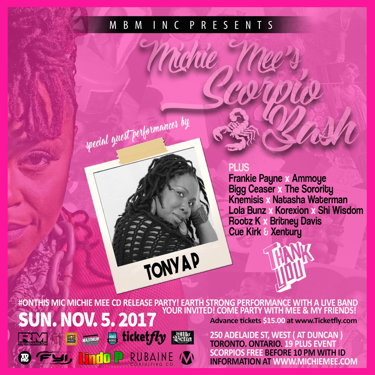 MichieBadgalMee's tweet photo. #OnThisMic #ScorpioBash @adelaidehallTO Nov5.17 @Tonyapmusic @korexion @PoetCue @theknemesis   Host @GabbyRubaine Special guest Monie Love + https://t.co/H78MlbobpD