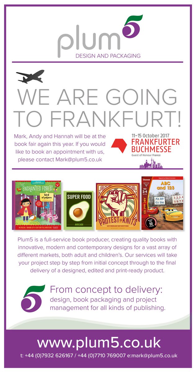 Plum5ltd's tweet photo. Reminder that we are at Frankfurt Book Fair from Wednesday! If you would like an appointment, email Mark at mark@plum5.co.uk

See you there! https://t.co/hkRLXyF7FE