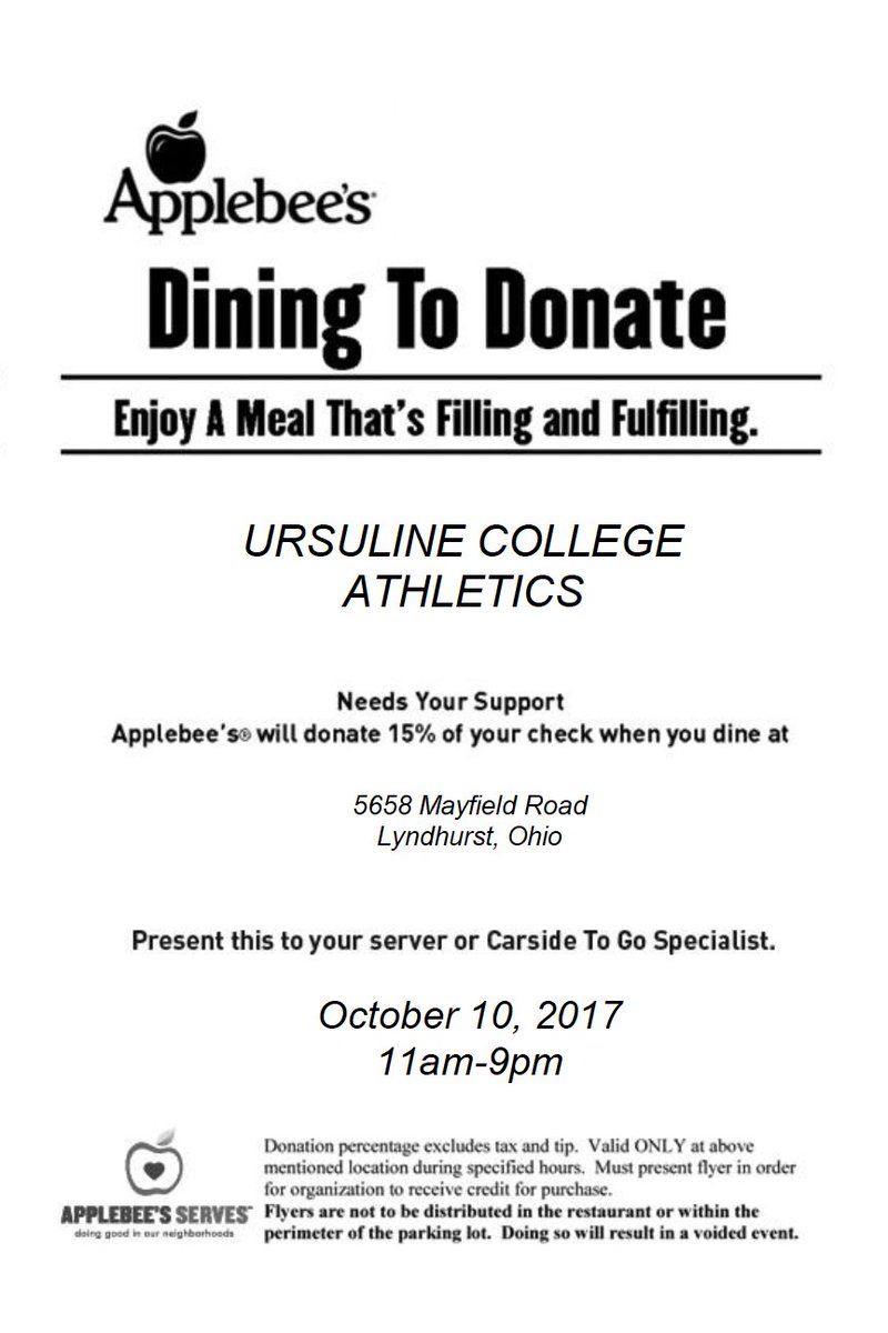 UCArrows's tweet photo. Tomorrow at Lyndhurst Applebee's is our Dining to Donate Fundraiser! Show this flyer and 15% of your bill will go towards athletics! https://t.co/9vwQz49d01
