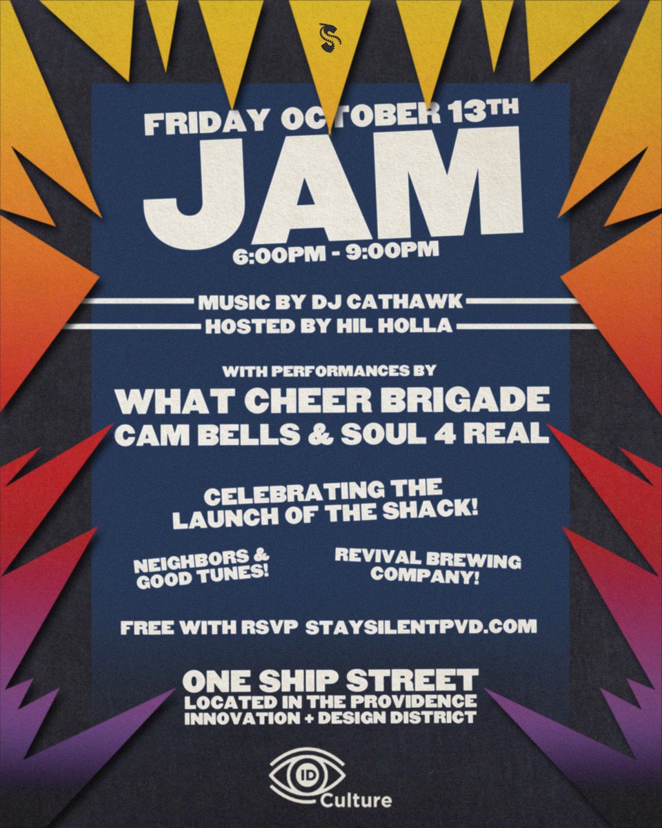 staysilentpvd's tweet photo. JAM Block Party | #JAMPVD 

🗓: Friday 10/13
📍: 1 Ship St
⏰: 6PM - 9PM
🎟: FREE! https://t.co/PGMKYl9qM0 https://t.co/RRVFUtKAqm