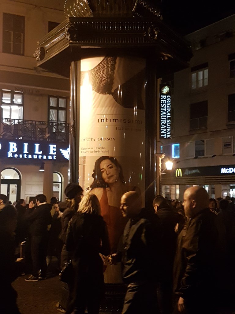 shadesofrebecca's tweet photo. Dakota's ad in the citycenter of Bratislava! https://t.co/xT5vTke3vc