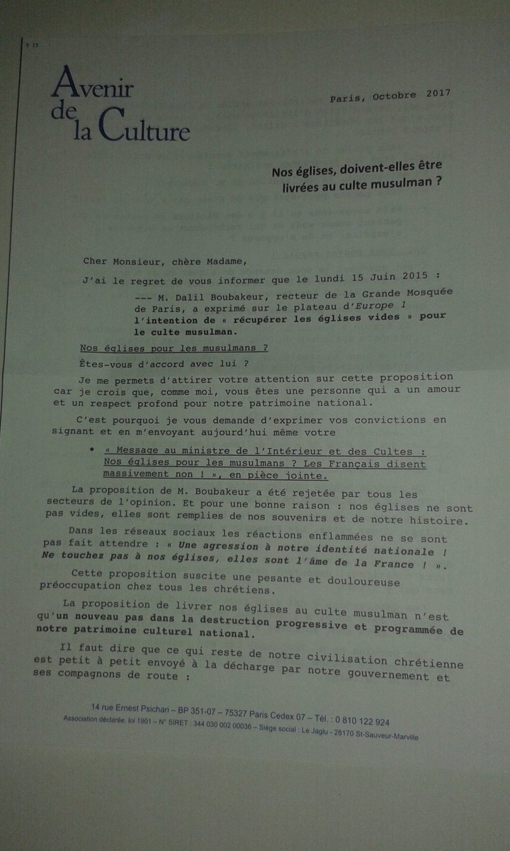 AnneRe2's tweet photo. Reçu courrier violent de #AvenirdelaCulture demandant de ne pas céder les églises vides aux musulmans. Mais sans aucune proposition. https://t.co/UAfpT9ntQk